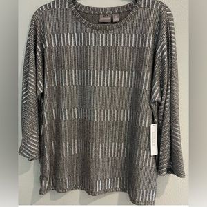 🪅Chicos Metallic Gray/Taupe Sparkle Stripe Silver Scoop Neck 3/4 Sleeves Tee L